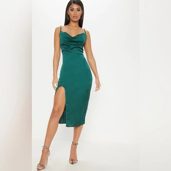 PrettyLittleThing | Dresses | Emerald Green Satin Midi Dress | Poshmark
